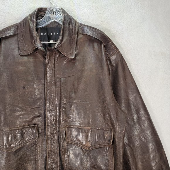 Vintage Context Brown Leather Collared Distressed Aviator Moto Jacket Coat - Picture 2 of 16